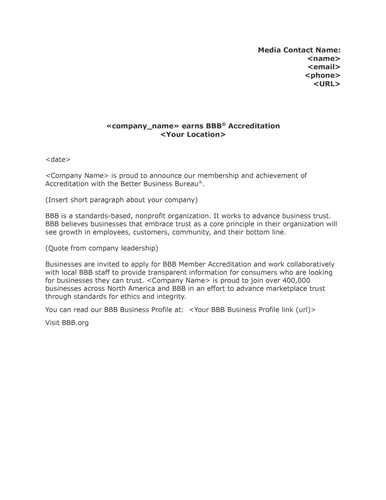 BBB Accreditation Sample Press Release Announcement [PDF]